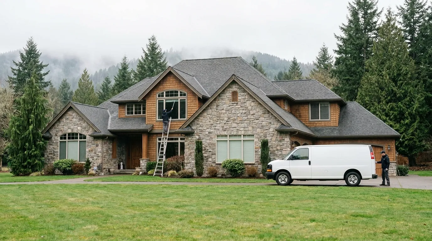 Crew loading window cleaning equipment at a Woodinville home