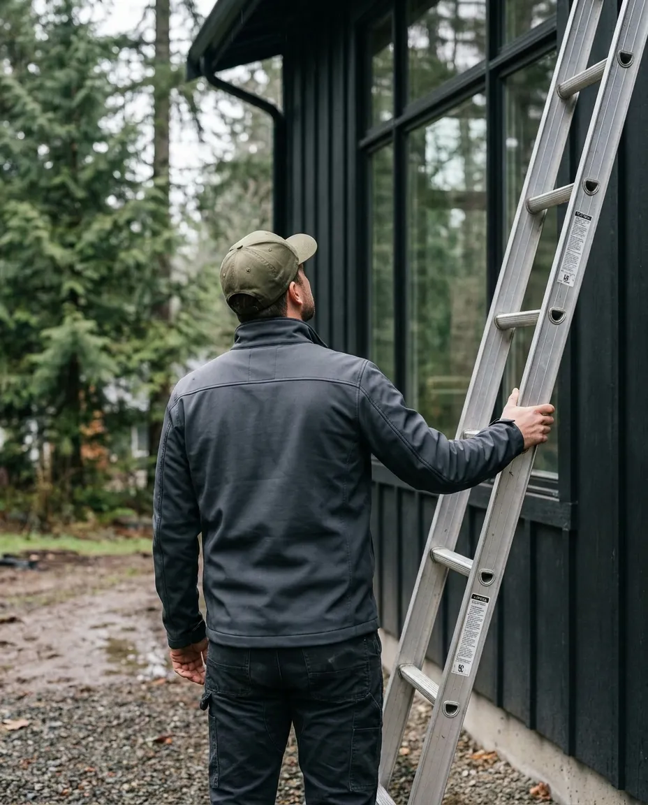 John heading up a ladder with a squeegee, seen from behind