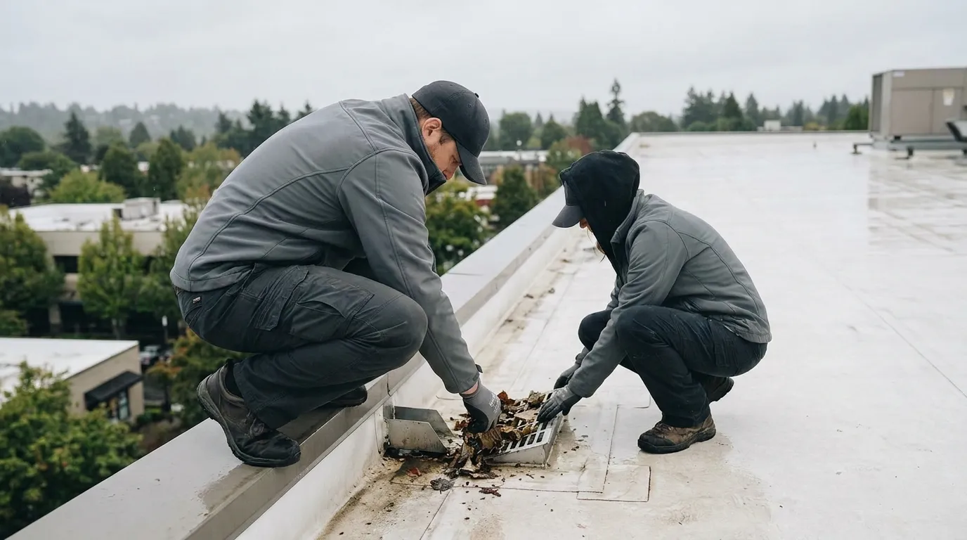 Clearing debris from a flat commercial roof drain