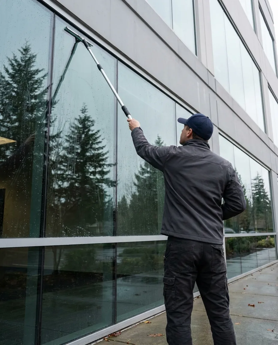 Cleaning exterior office building glass