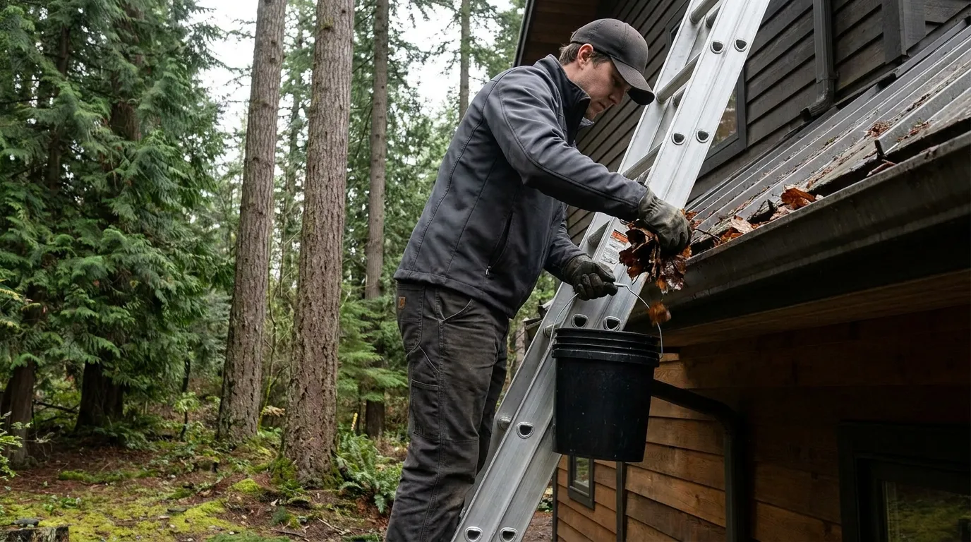 Clearing debris from a gutter by hand