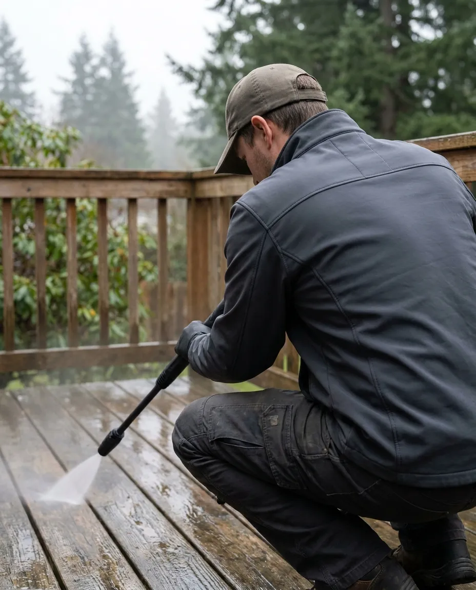 Pressure washing a wood deck at reduced pressure