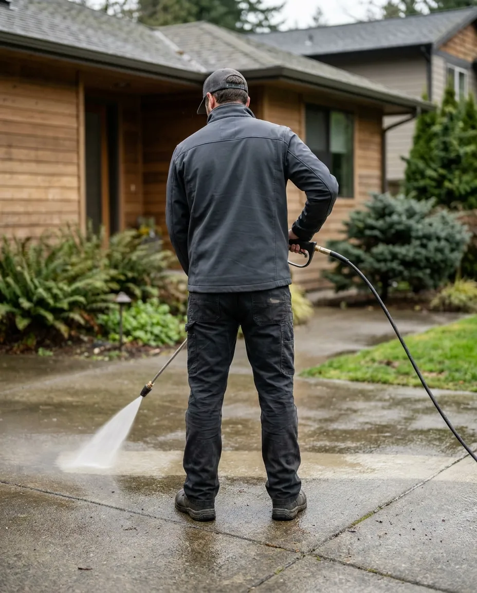 Pressure washing a concrete driveway