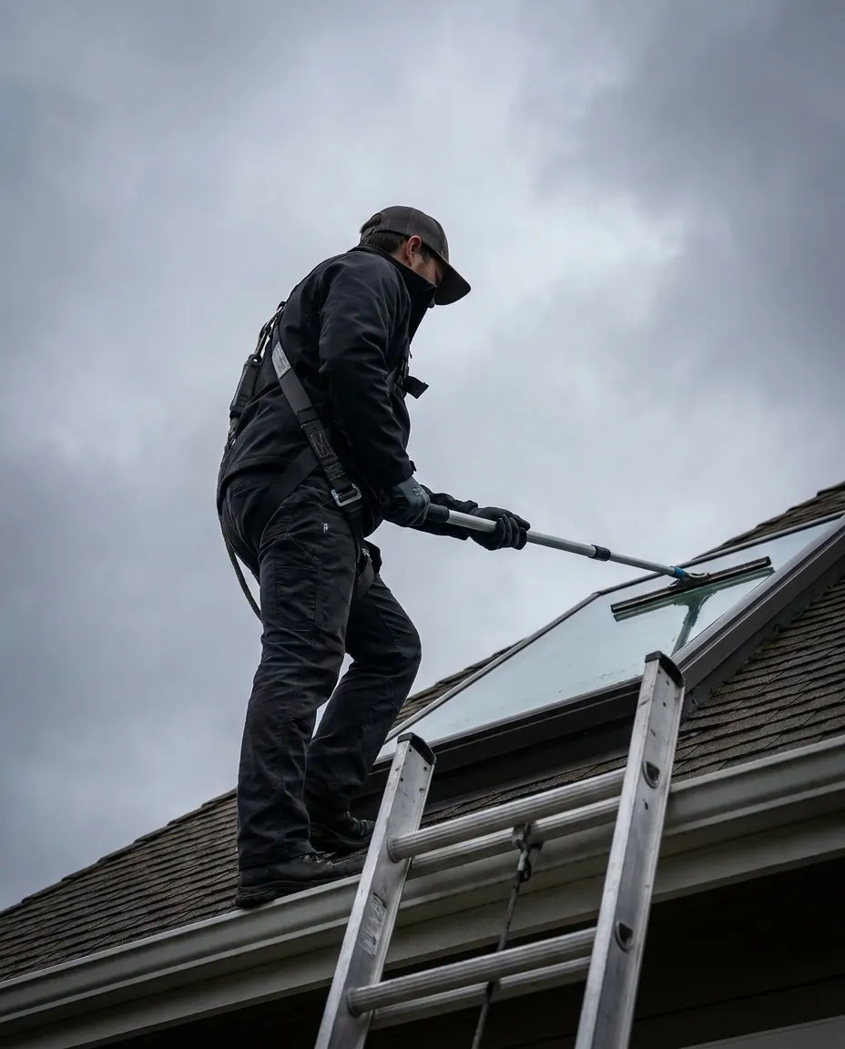 Cleaning a skylight from the roof with proper access equipment