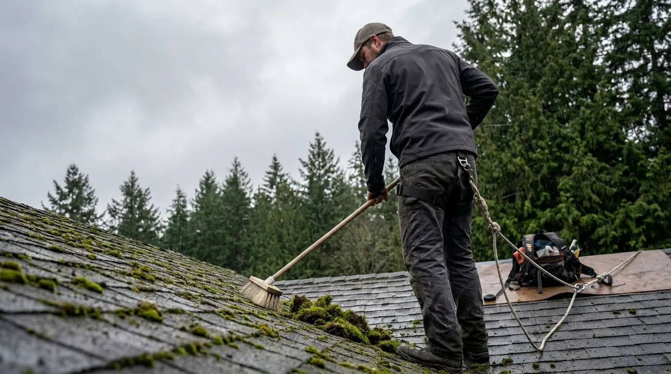 Sweeping moss off a composition roof by hand