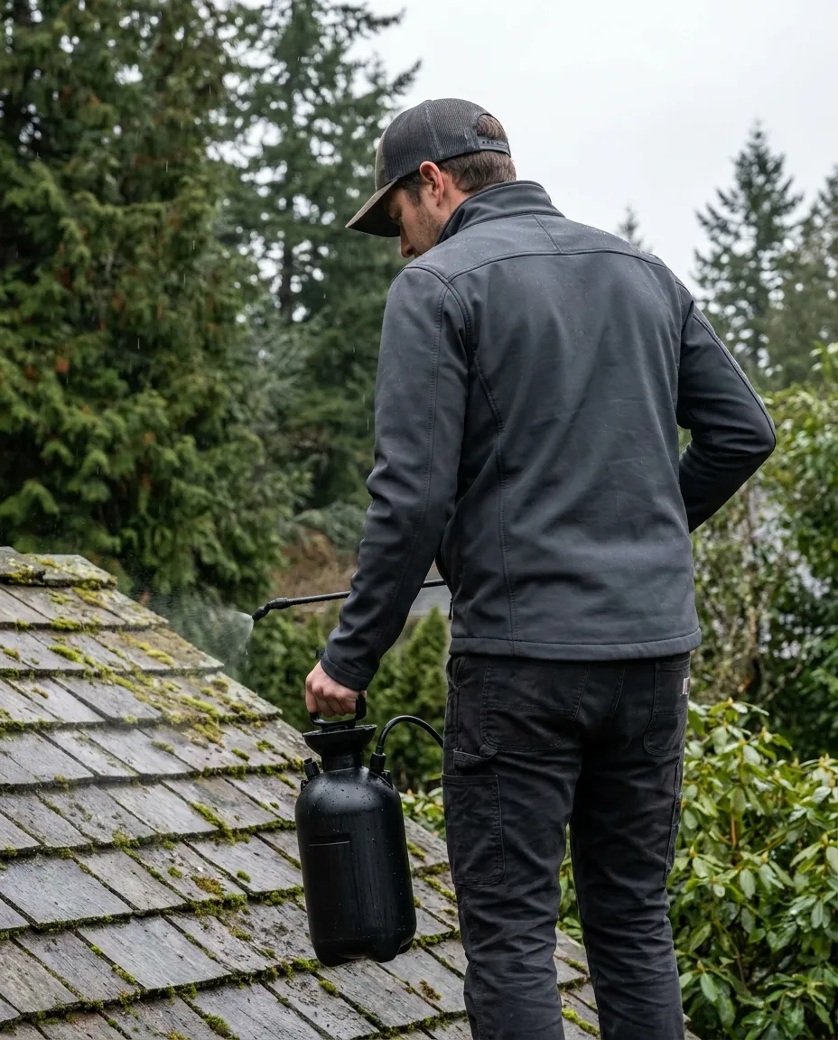 Applying zinc sulfate treatment to a roof after moss removal